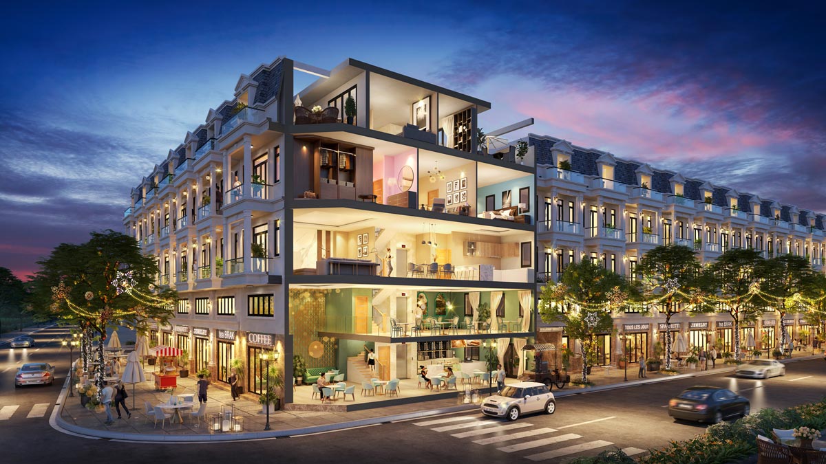 Cho thuê shophouse 128m2 xẻ khe, căn góc mặt đường 20m Phố Biển 19 – Vinhomes The Crown