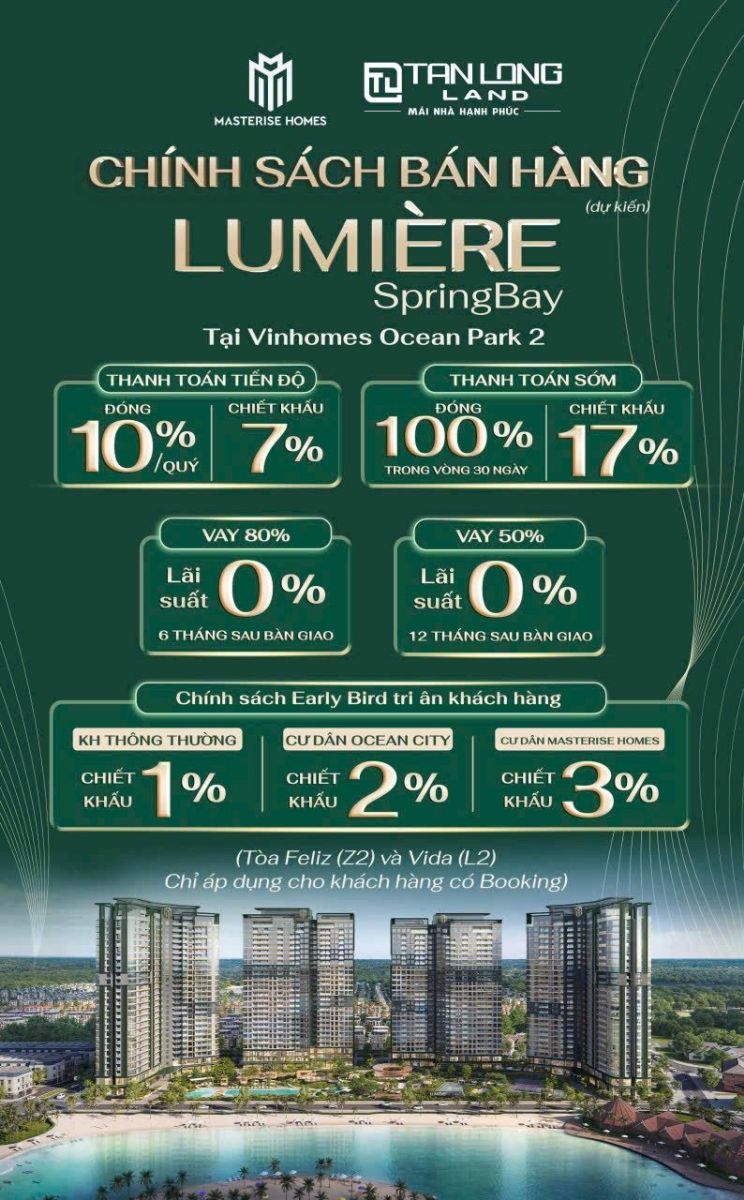 Chính sách bán hàng Lumiere Springbay Ocean Park 2 và giải pháp tài chính tối ưu cho căn hộ hạng sang
